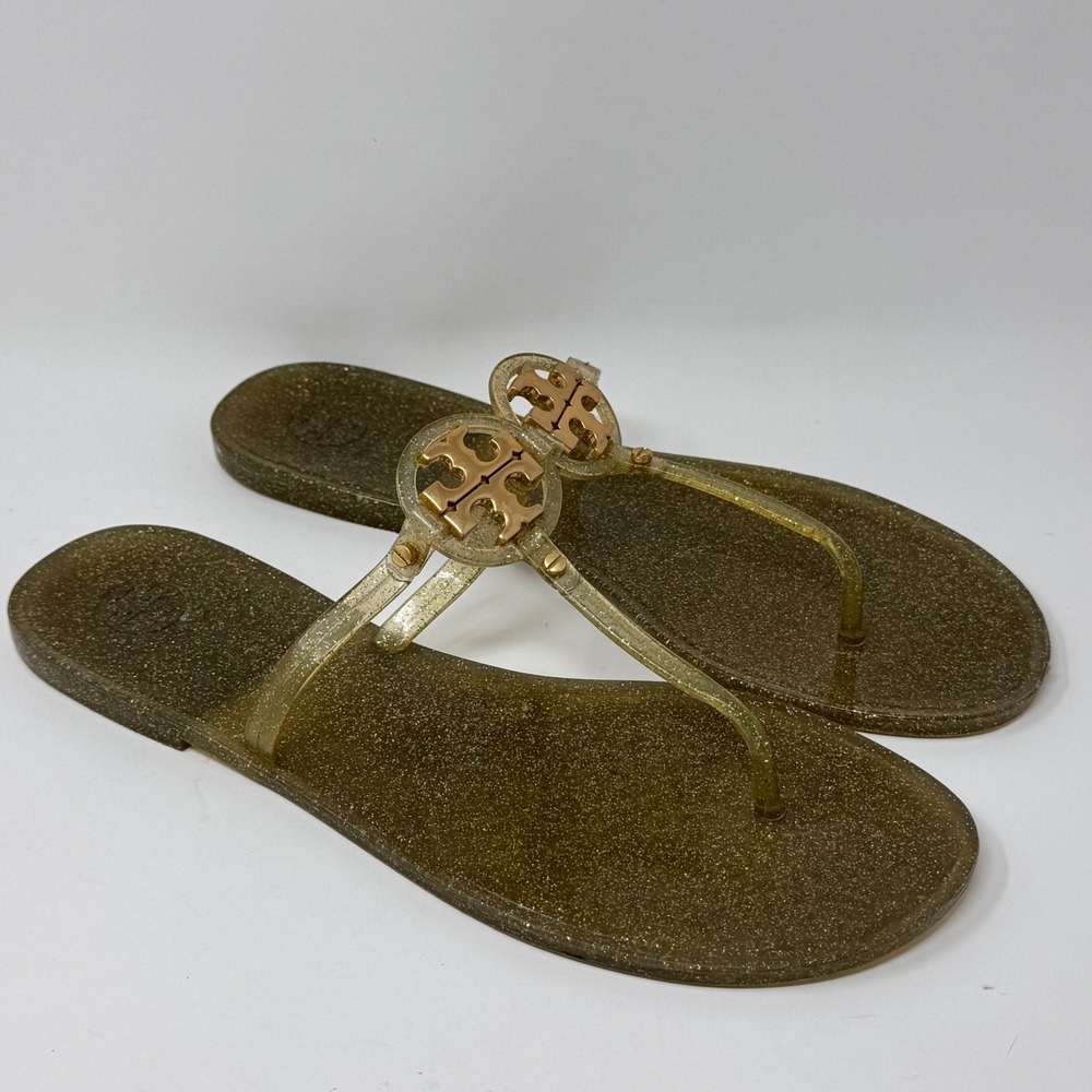 Tory Burch Miller Jelly Sandals Gold Glitter Logo Thong Flip Flops Womens 11